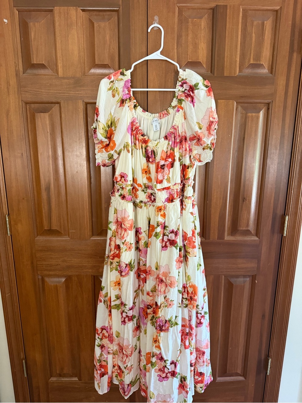 Nicole Miller Cream Maxi Dress with Pink and Orange Floral Print